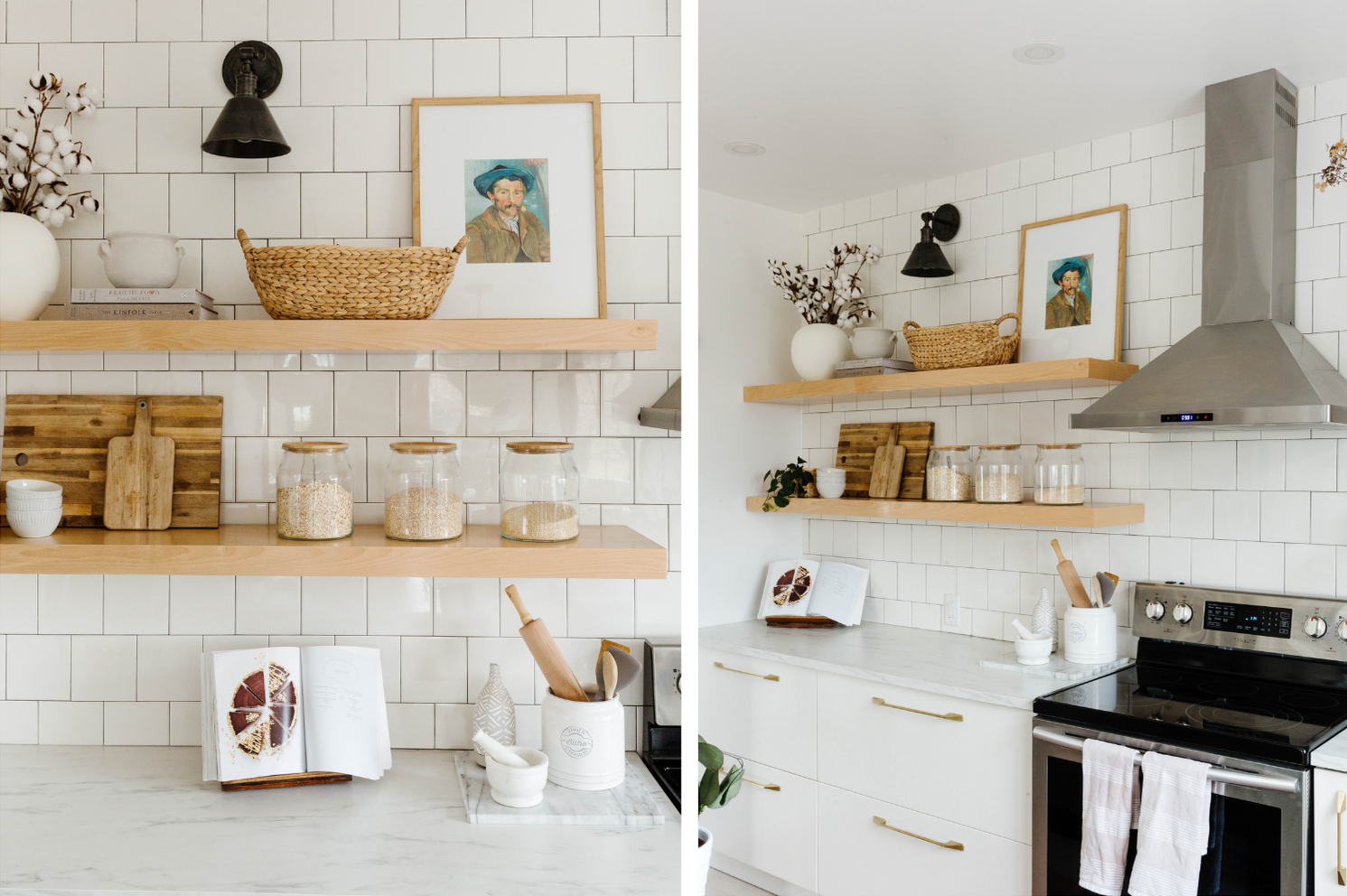 Two photos of Brit's kitchen, with minimally decorated shelves and nearly bare counter tops