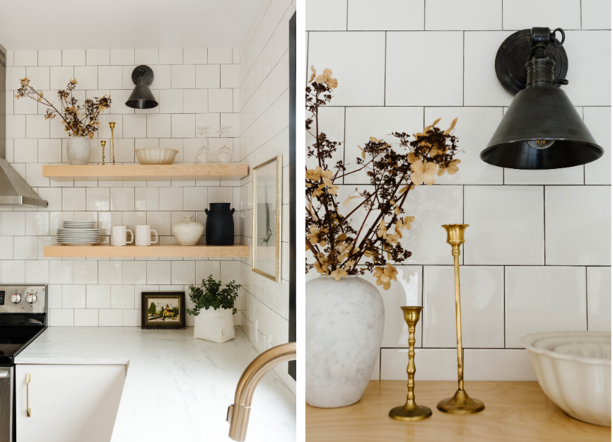 Two photos - one showing a distance shot of a kitchen counter with styled shelves at the end. The second a close up of a black wall sconce beside two candlesticks and a vase of dried flowers.